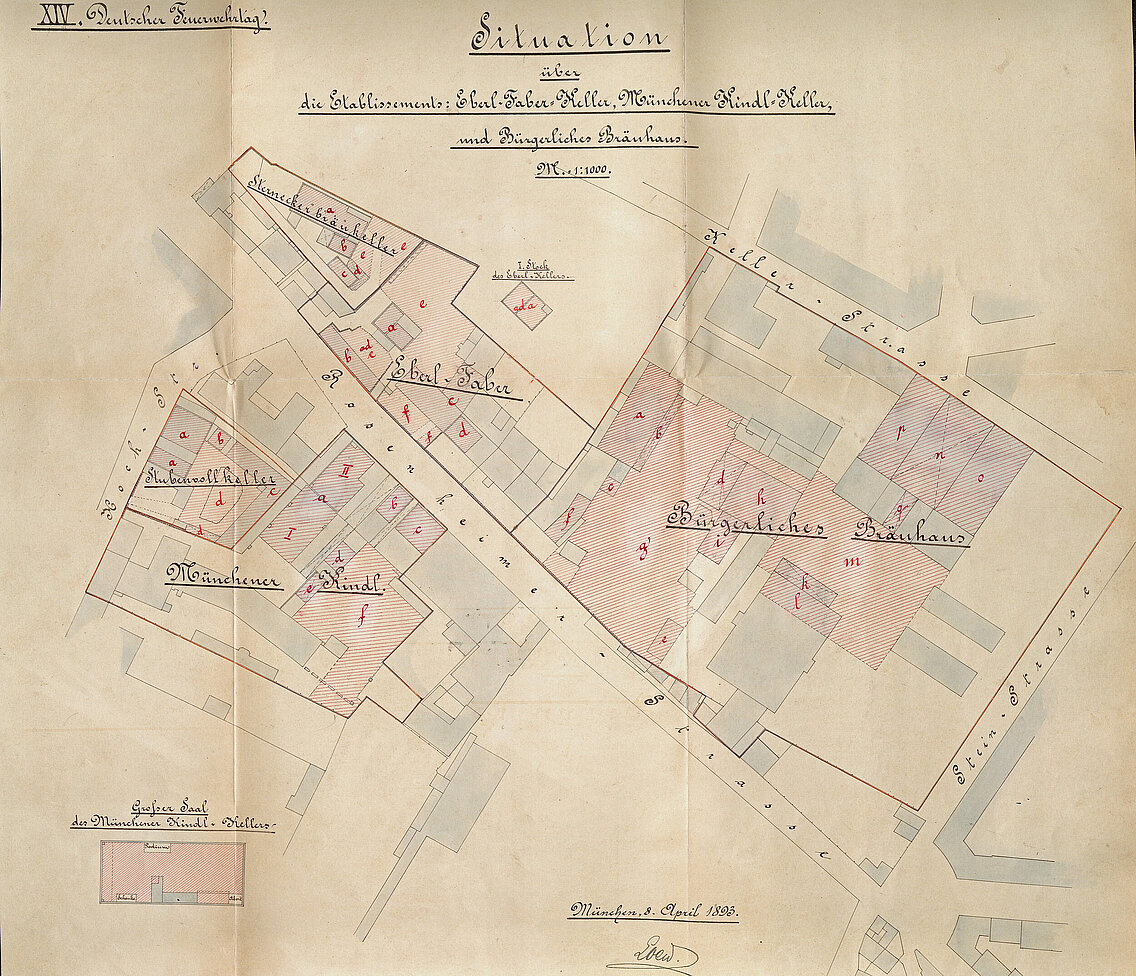 Die Festhallen und Bierkeller in München Haidhausen zwischen der Rosenheimer Straße und der Kellerstraße