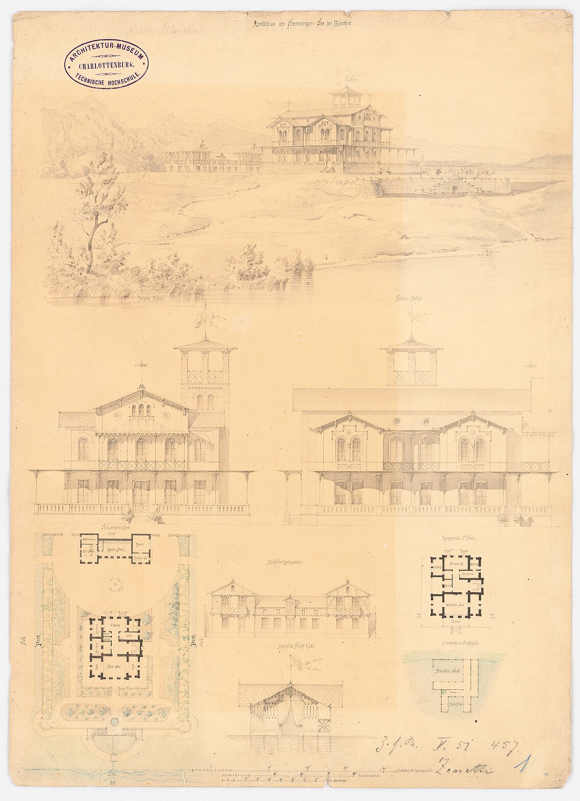 Architektonische Zeichnungen der Villa Knorr mit Grundrissen und Ansichten