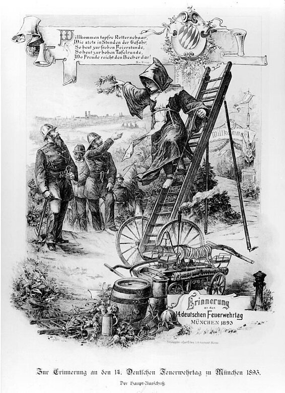 Erinnerungsurkunde zum XIV. Deutschen Feuerwehrtag mit einem Münchner Kindl auf einer Balanceleitern das die Retterschaar begrüßt