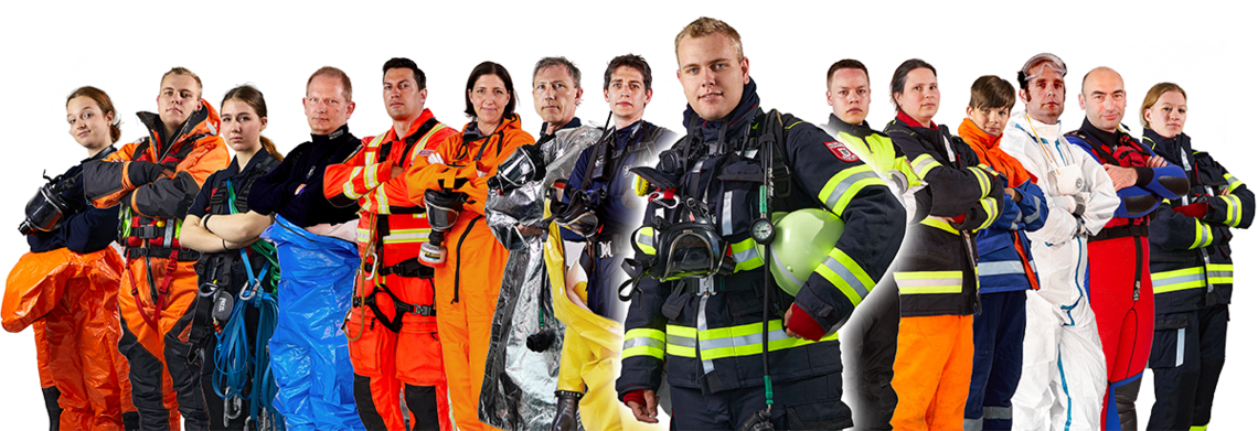 Gruppe von 15 Einsatzkräften in verschiedenen Schutzanzügen und Uniformen Gruppe von 15 Einsatzkräften in verschiedenen Schutzanzügen und Uniformen