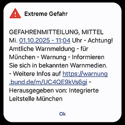 Warnmeldung aufgrund der unklaren Lage auf dem Oktoberfest, Quelle:Katwarn