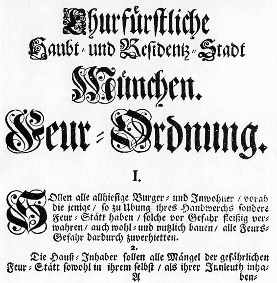Historisches Dokument mit dem Titel 'Churfürstliche Haubt- und Residenz-Stadt München Feur-Ordnung' in alter deutscher Schrift