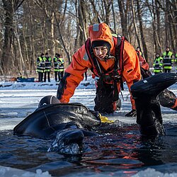 Rettungskraft in orangenem Schutzanzug zieht eine ins Eis eingebrochene Person aus einem zugefrorenen Gewässer, im Hintergrund weitere Einsatzkräfte an der Eisfläche