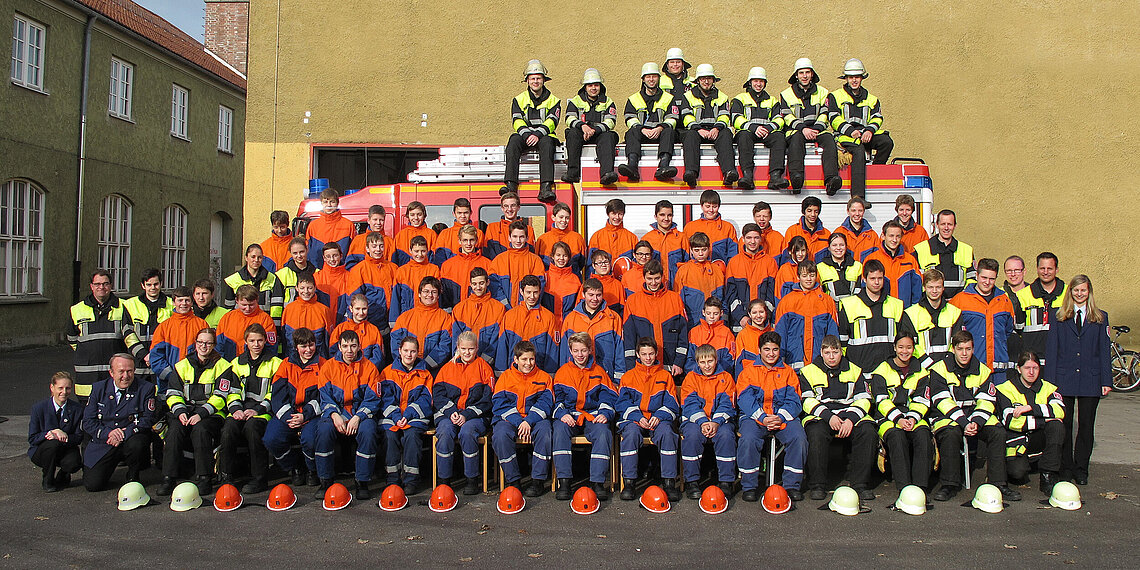 Gruppenfoto der Jugendfeuerwehr München mit Jugendlichen in orange-blauen Uniformen und Ausbildern in schwarzer Schutzkleidung vor und auf einem Feuerwehrfahrzeug Gruppenfoto der Jugendfeuerwehr München mit Jugendlichen in orange-blauen Uniformen und Ausbildern in schwarzer Schutzkleidung vor und auf einem Feuerwehrfahrzeug