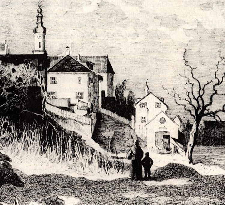 Stich vom ersten Gerätehaus der Feuerwehr Sendling an der Roßschwemme (rechts im Bild)