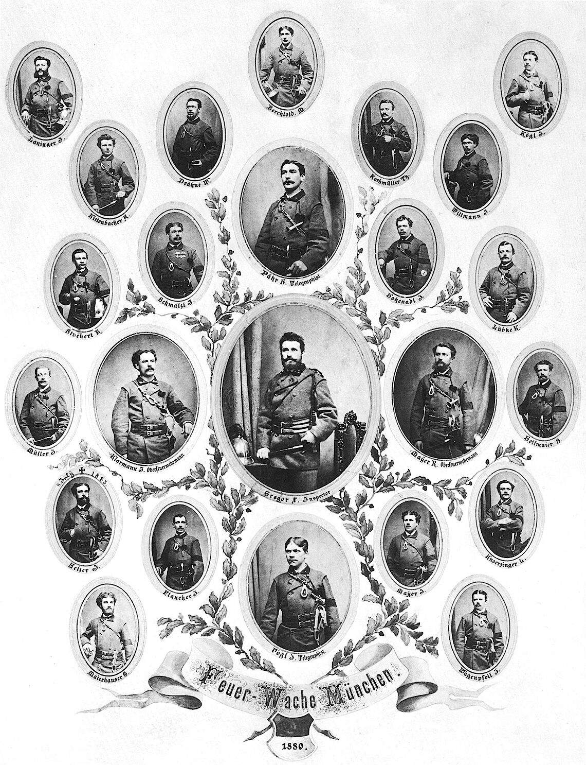 Mitglieder der Ständigen Wache von 1880 mit Feuerwehrinspektor Gregor, 2 Telegraphisten, 2 Oberfeuerwehrmänner und 19 Feuerwehrmänner