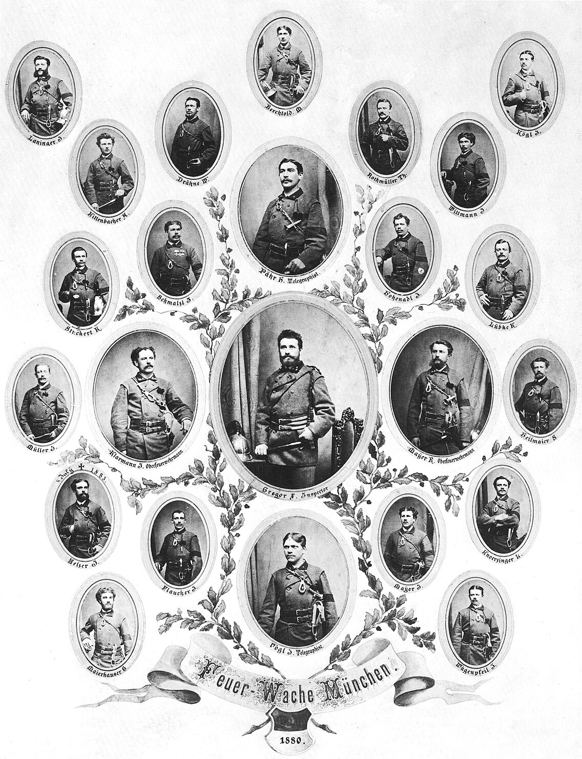 Mitglieder der Ständigen Wache von 1880 mit Feuerwehrinspektor Gregor, 2 Telegraphisten, 2 Oberfeuerwehrmänner und 19 Feuerwehrmänner